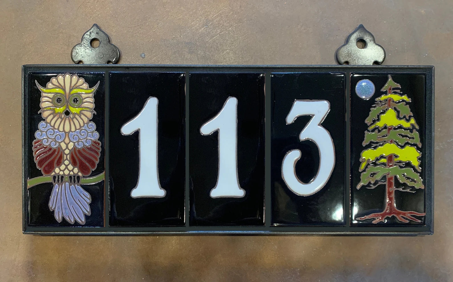 Framed House Number Set with Forest End Caps, Black Background, and White Numbers