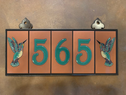 Framed House Number Set with Hummingbird End Caps, Terra Cotta Background, and Jade Numbers