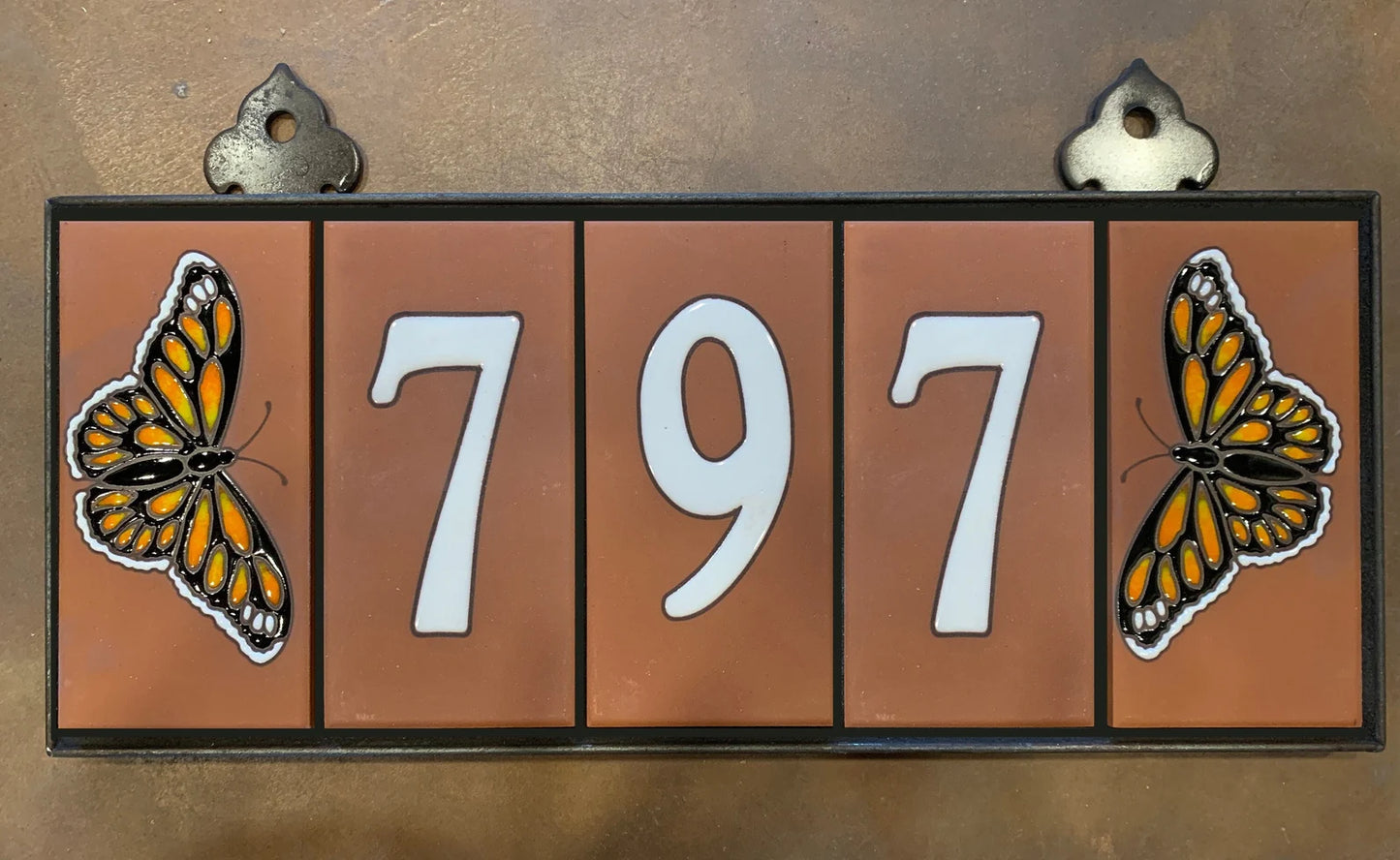 Framed House Number Set with Monarch Butterfly End Caps, Terra Cotta Background and White Numbers