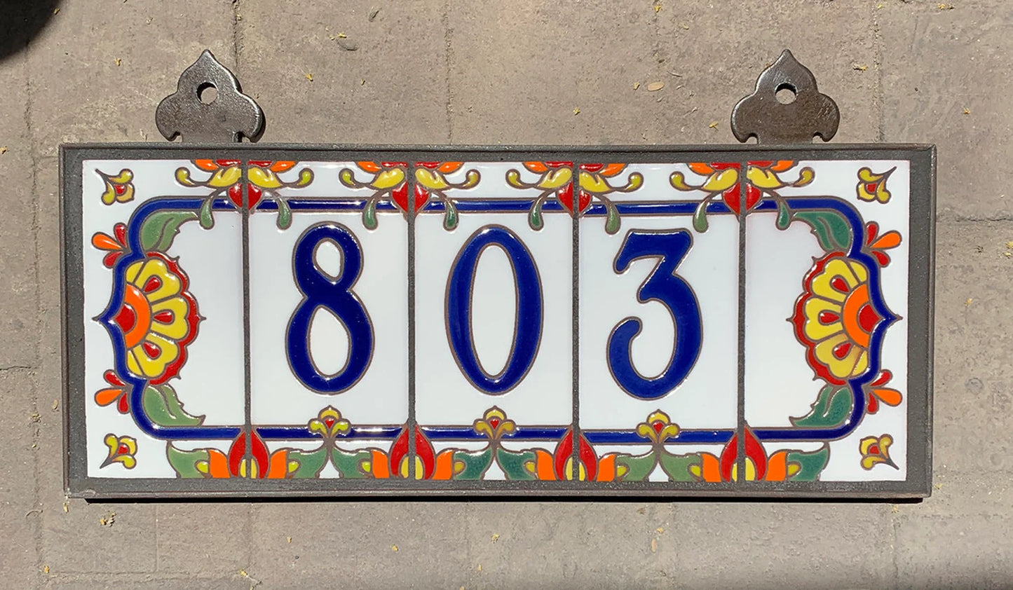 Framed House Number Set with Talavera End Caps, White Background and Royal Blue Numbers