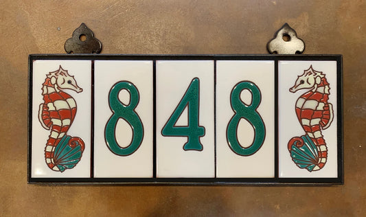 Framed House Number Set with Seahorse End Caps, Off White Background and Jade Numbers