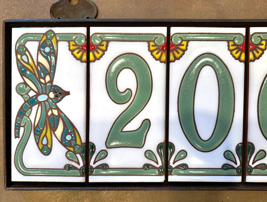 Framed House Number Set with Dragonfly End Caps, White Background, and Tidal Pool Green Numbers