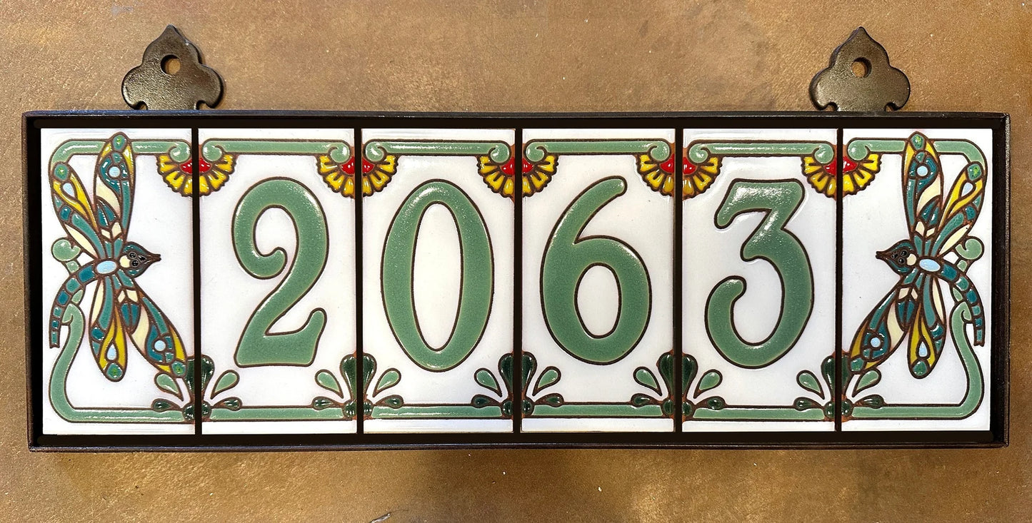 Framed House Number Set with Dragonfly End Caps, White Background, and Tidal Pool Green Numbers