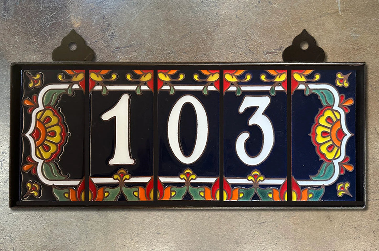 Framed House Number Set with Talavera End Caps, Dark Blue Background, and White Numbers