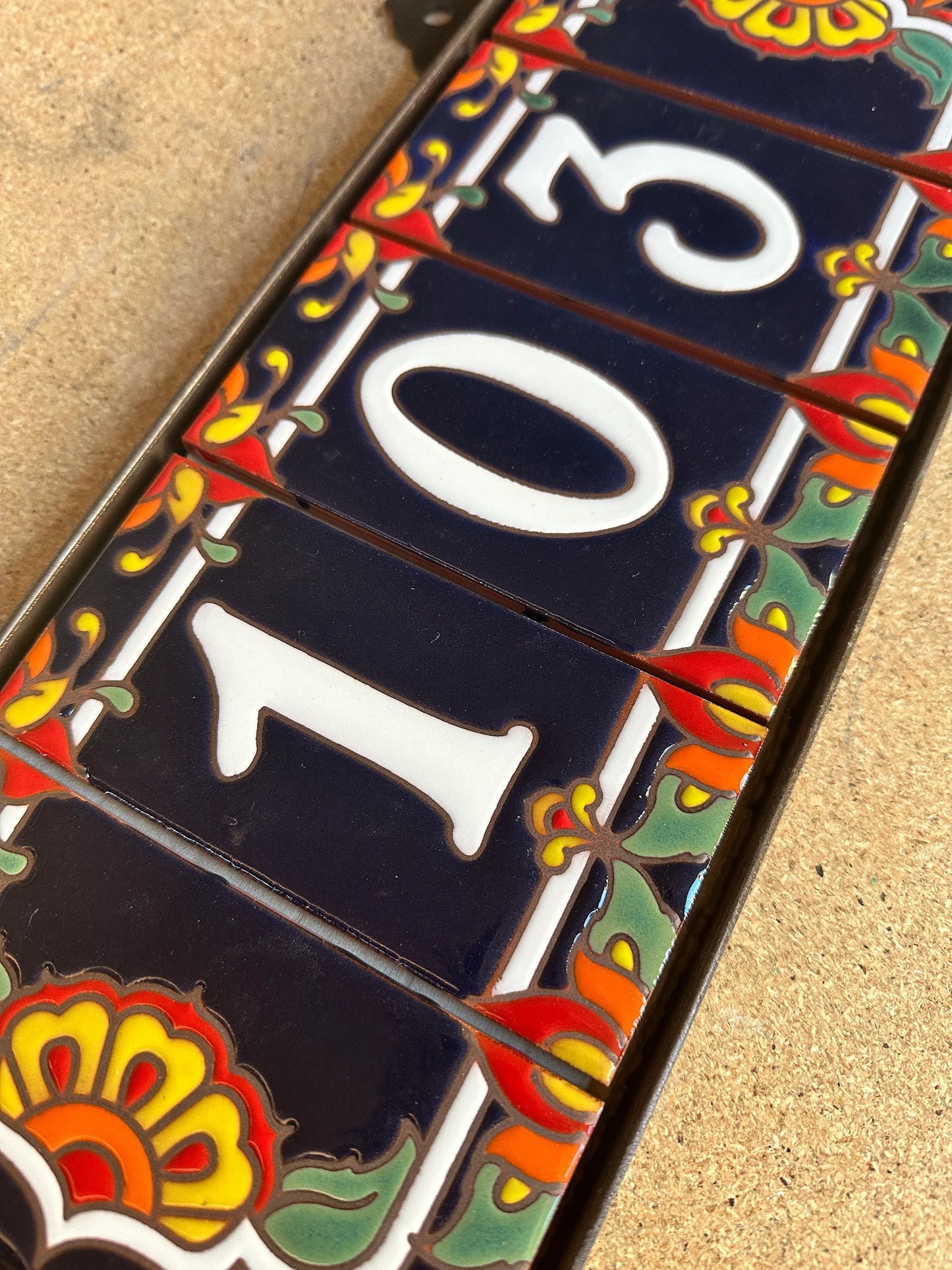 Framed House Number Set with Talavera End Caps, Dark Blue Background, and White Numbers