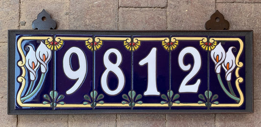 Framed House Number Set with Calla Lily End Caps, Royal Blue Background, and White Numbers