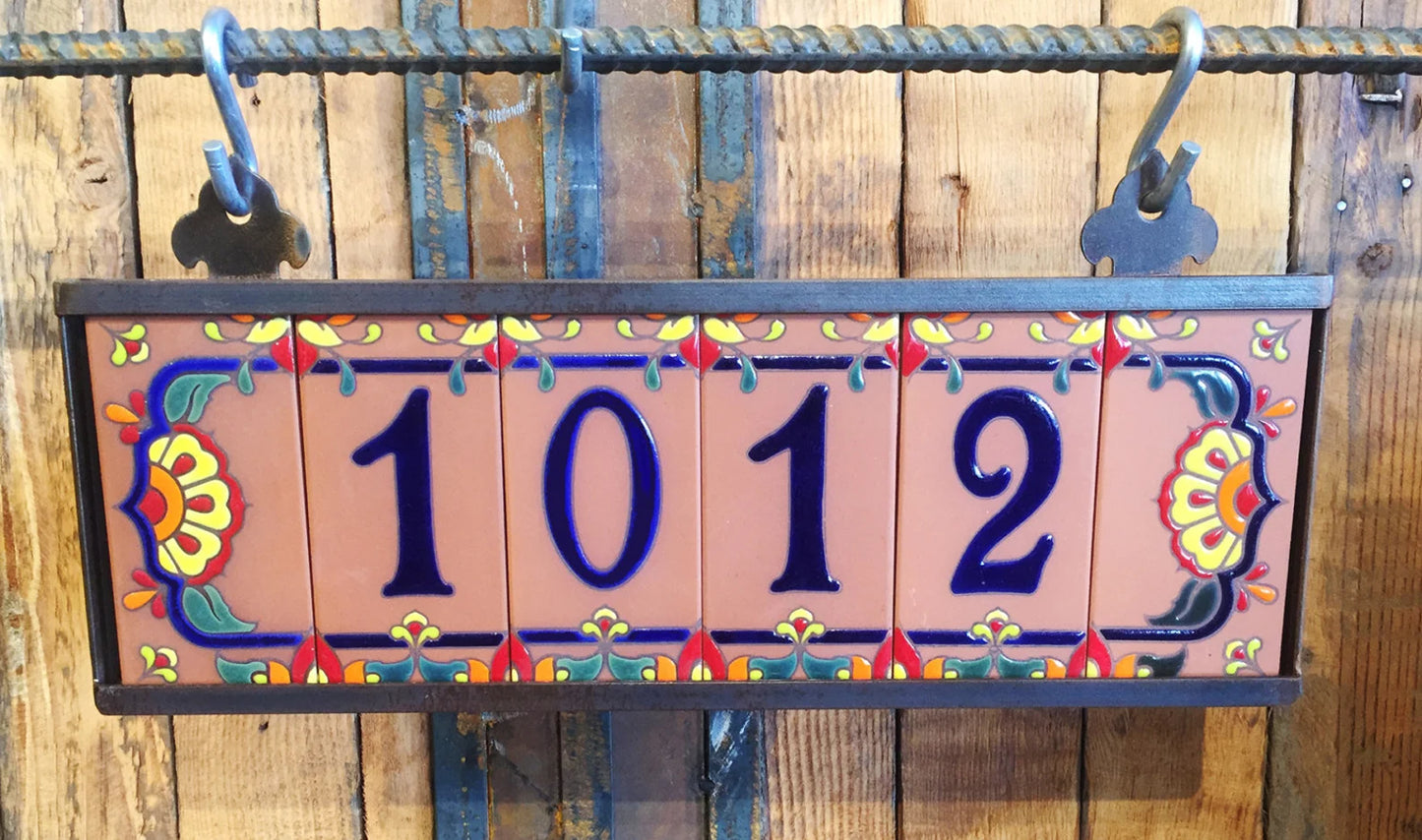 Framed House Number Set with Royal Blue Talavera End Caps, Terra Cotta Background, Royal Blue Numbers