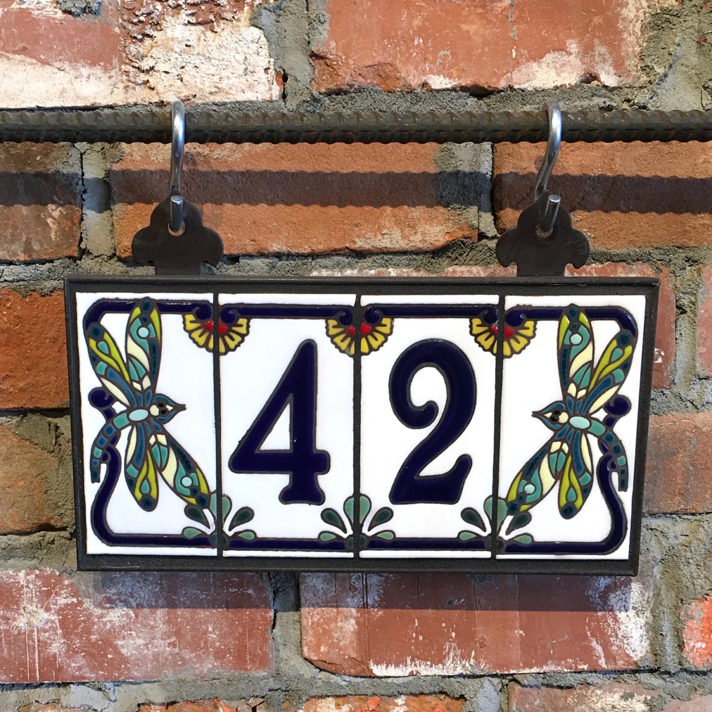 Framed House Number Set with Dragonfly End Caps, White Ceramic Background, and Royal Blue Numbers