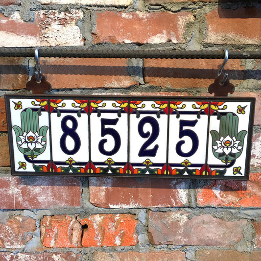 Framed House Number Set with Hamsa Hand End Caps, White Ceramic Background, and Royal Blue Numbers