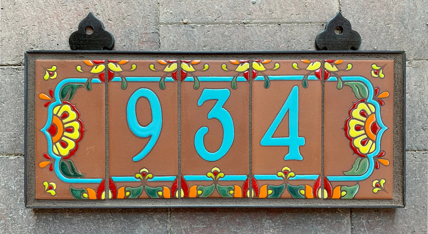 Framed House Number Set with Talavera End Caps, Terra Cotta Background, and Turquoise Numbers