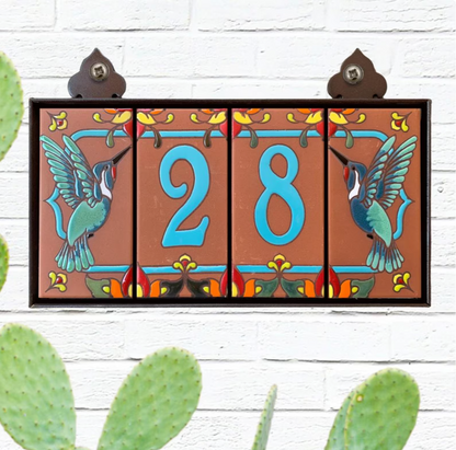 Custom Tile House Numbers with Hummingbird End Caps, Terra Cotta Background and Turquoise Numbers