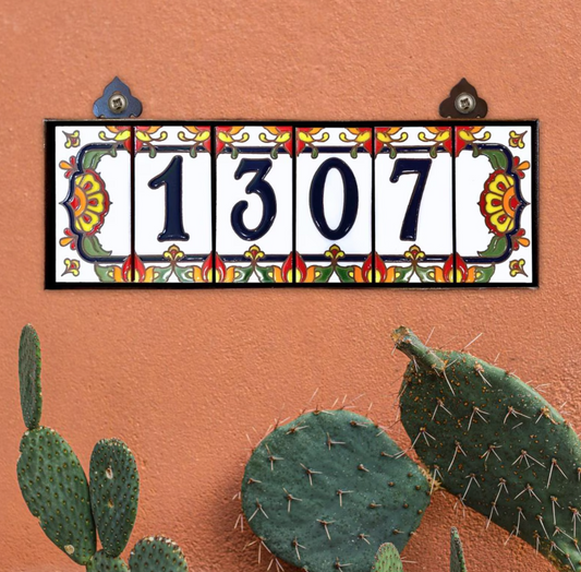 Custom Tile House Numbers with Talavera End Caps, White Background and Royal Blue Numbers