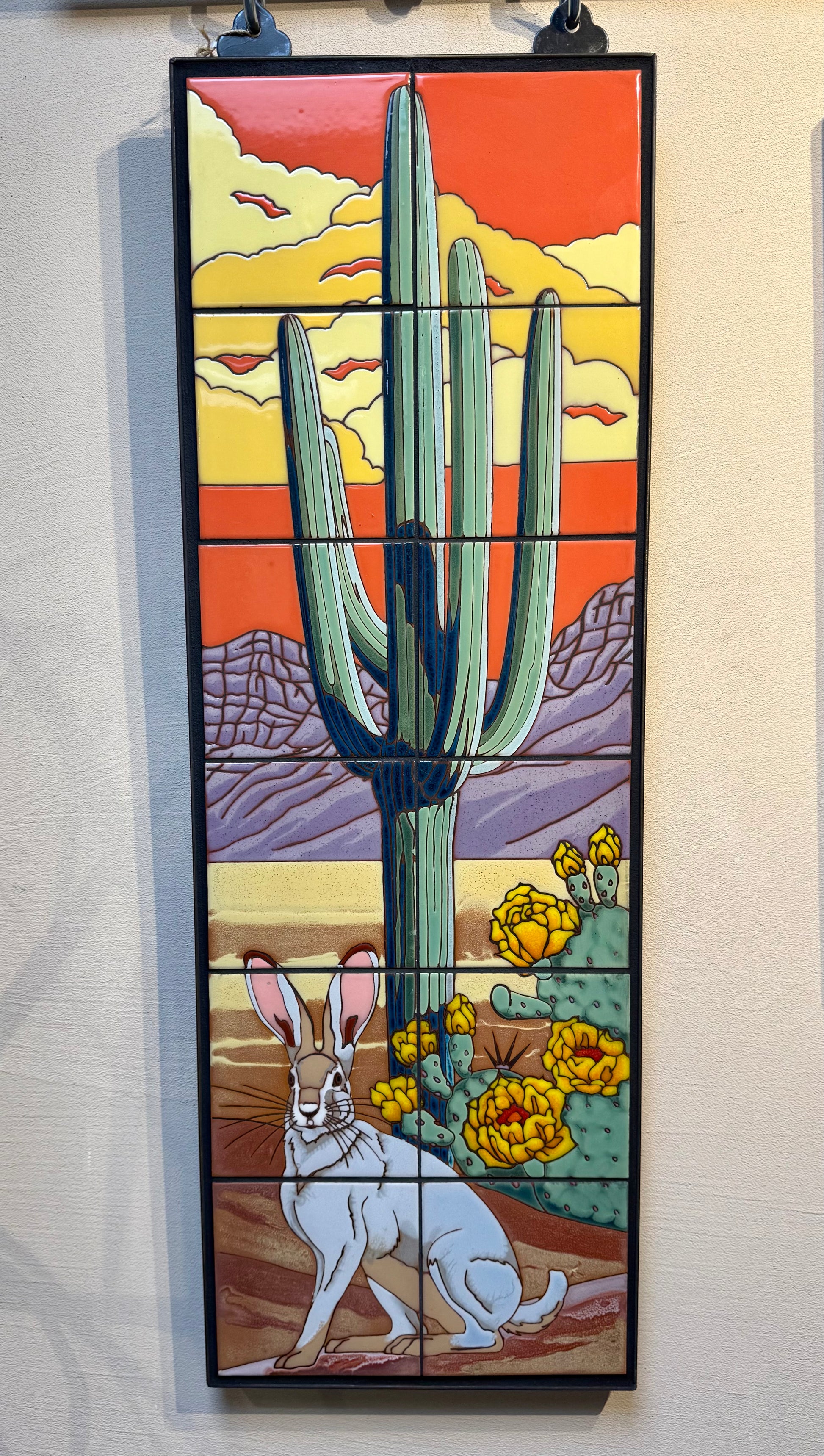 Rabbit and saguaro cactus tile mural