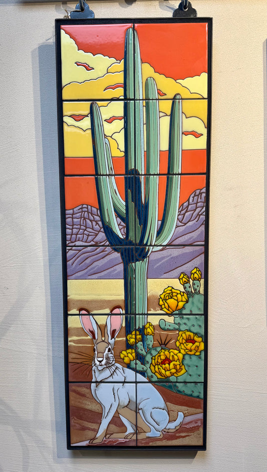 Rabbit and saguaro cactus tile mural
