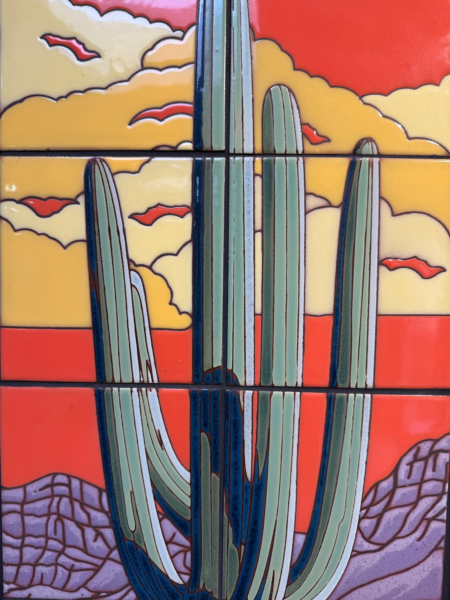 Desert Rabbit with Saguaro 12x36 on Coral Orange