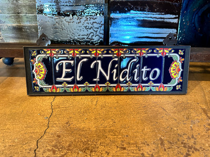 Custom House Sign with Talavera End Caps, Dark Blue Background, and White Letters