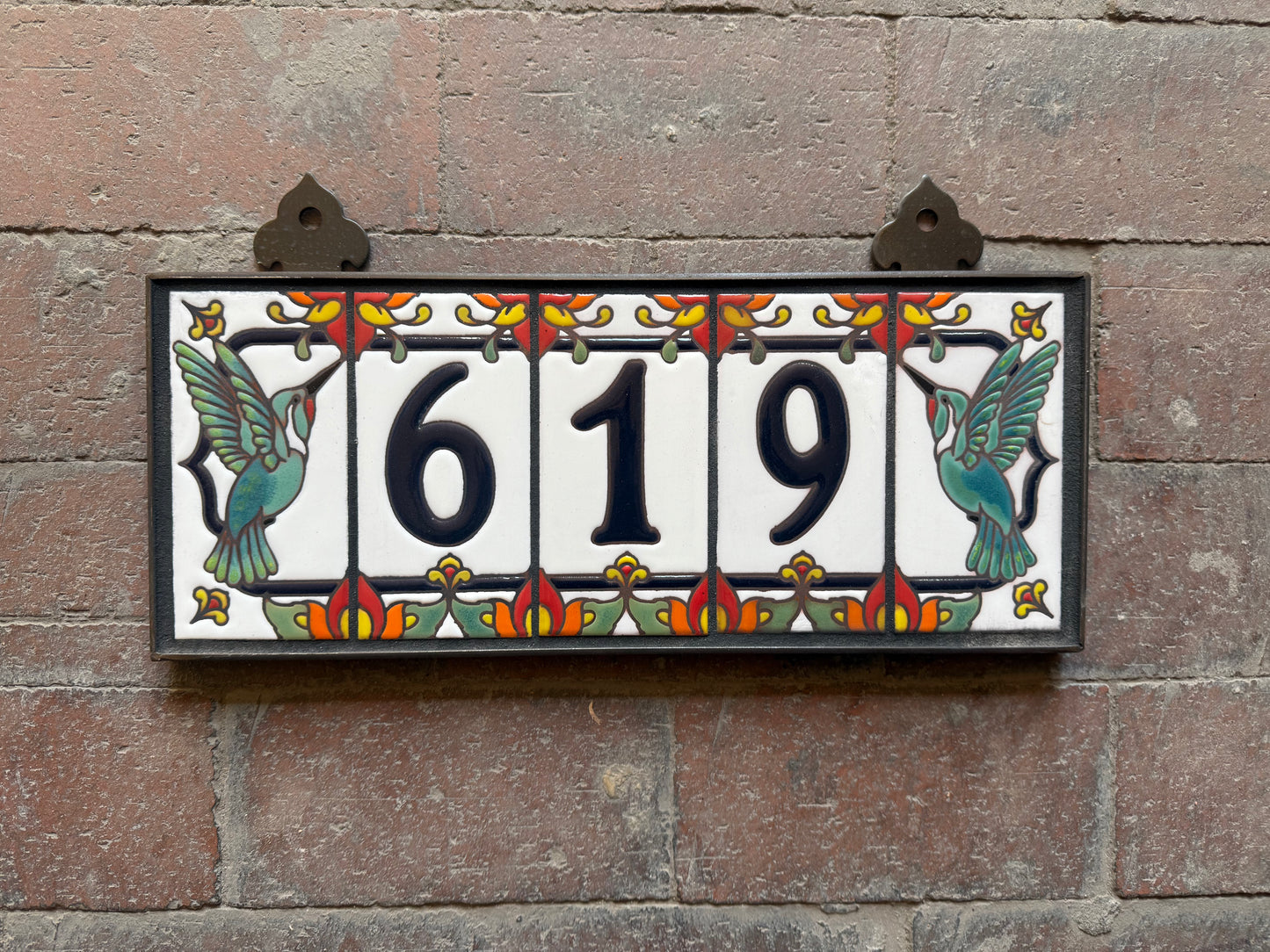 Custom Tile House Numbers with Hummingbird End Caps, White Background and Royal Blue Numbers