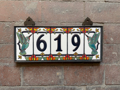 Custom Tile House Numbers with Hummingbird End Caps, White Background and Royal Blue Numbers