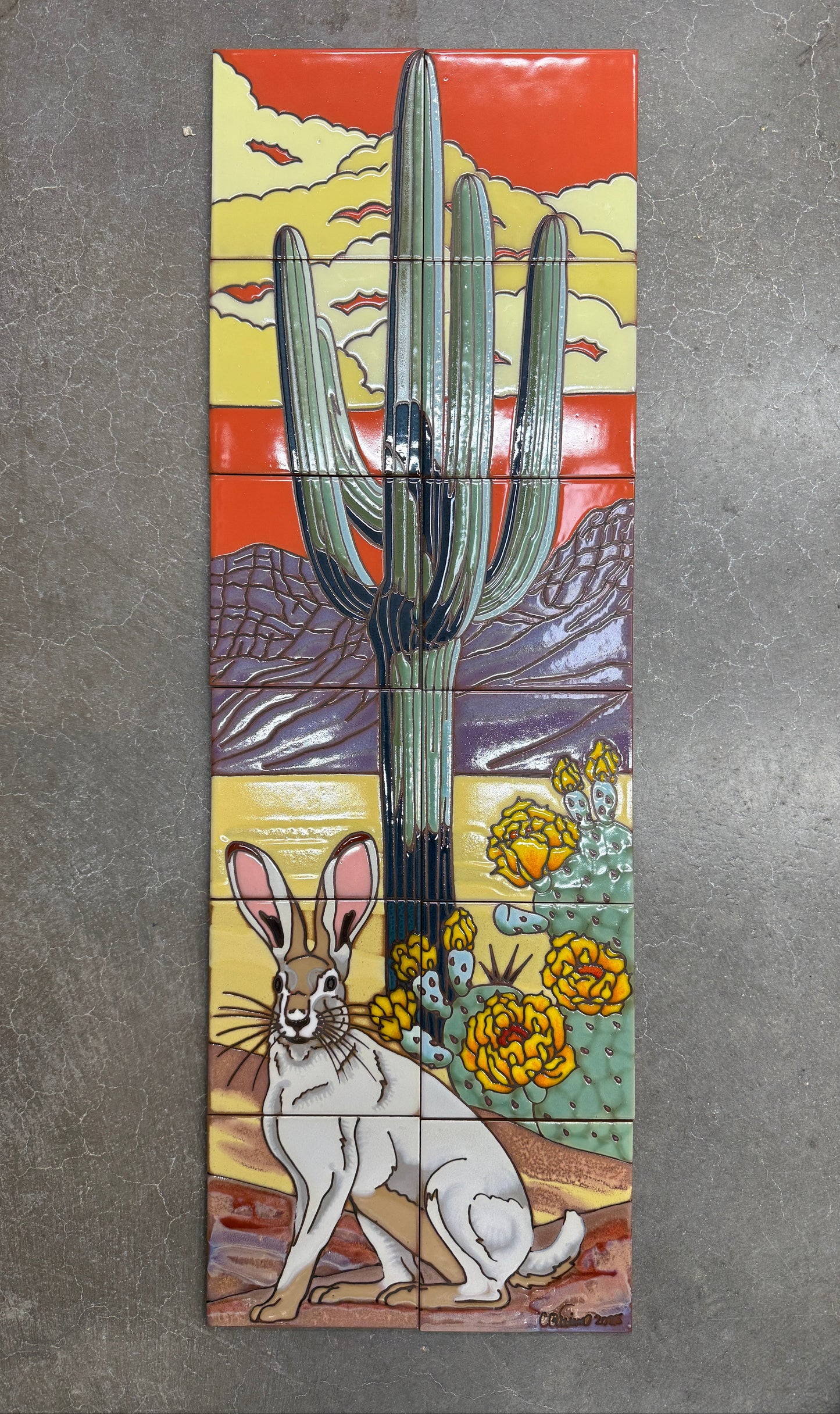 Desert Rabbit with Saguaro 12x36 on Coral Orange