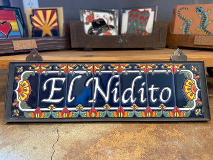 Custom House Sign with Talavera End Caps, Dark Blue Background, and White Numbers, cabin sign
