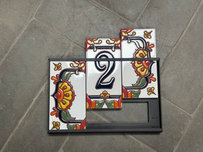 Custom Tile House Numbers with Talavera End Caps, White Background and Blue Numbers
