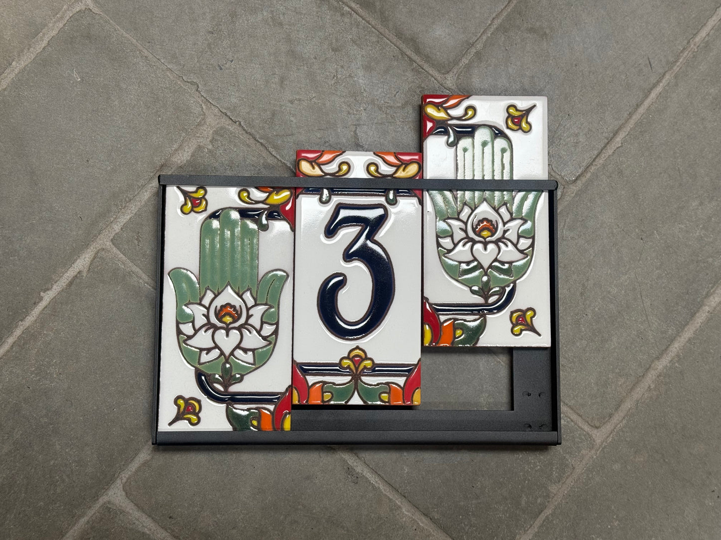 Custom Tile House Numbers with Hamsa Hand End Caps, White Ceramic Background, and Blue Numbers