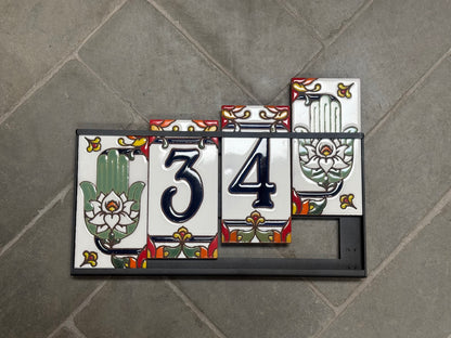 Custom Tile House Numbers with Hamsa Hand End Caps, White Ceramic Background, and Blue Numbers