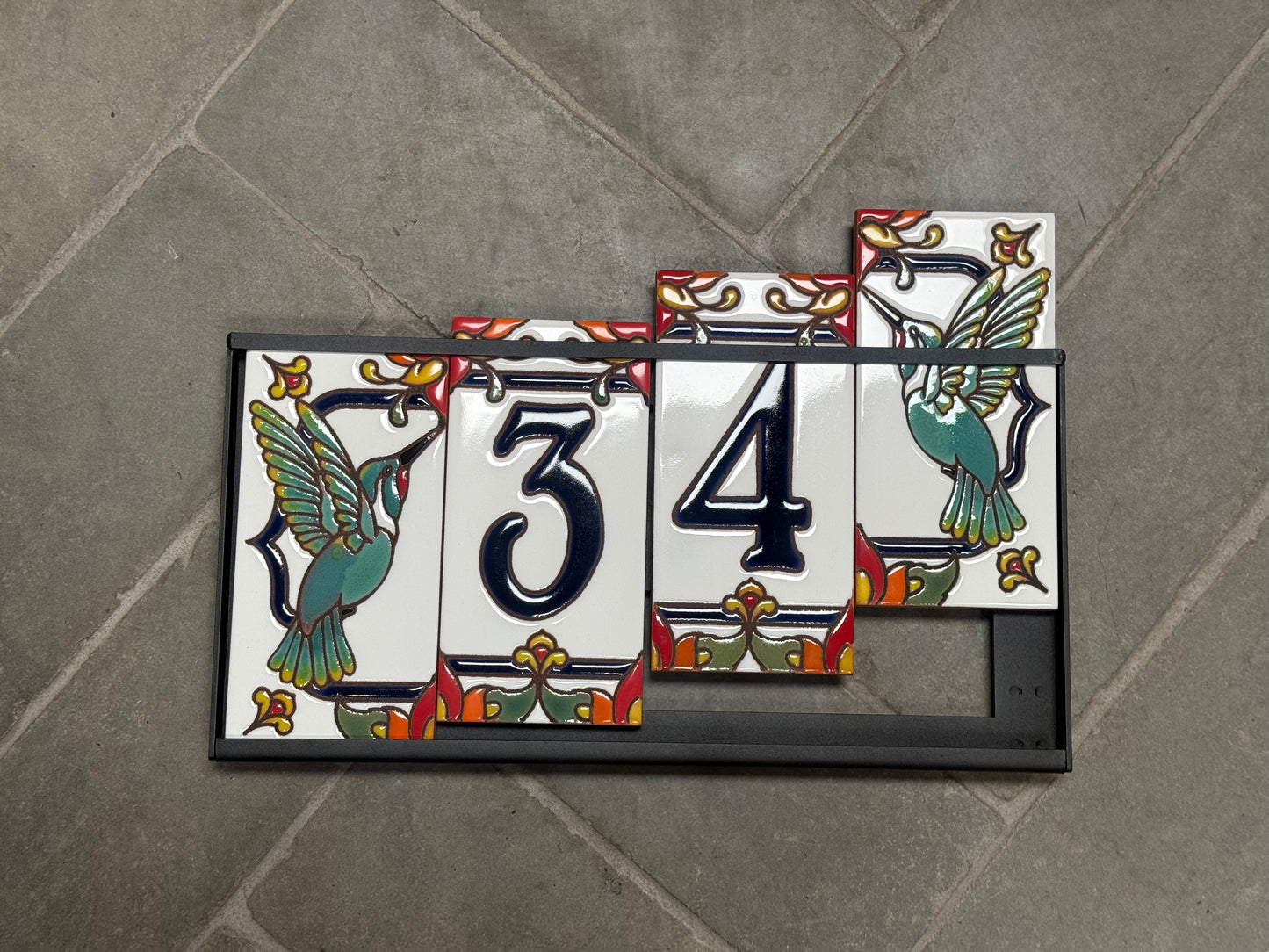 Custom Talavera Tile House Numbers with Hummingbird End Caps, White Background and Blue Numbers