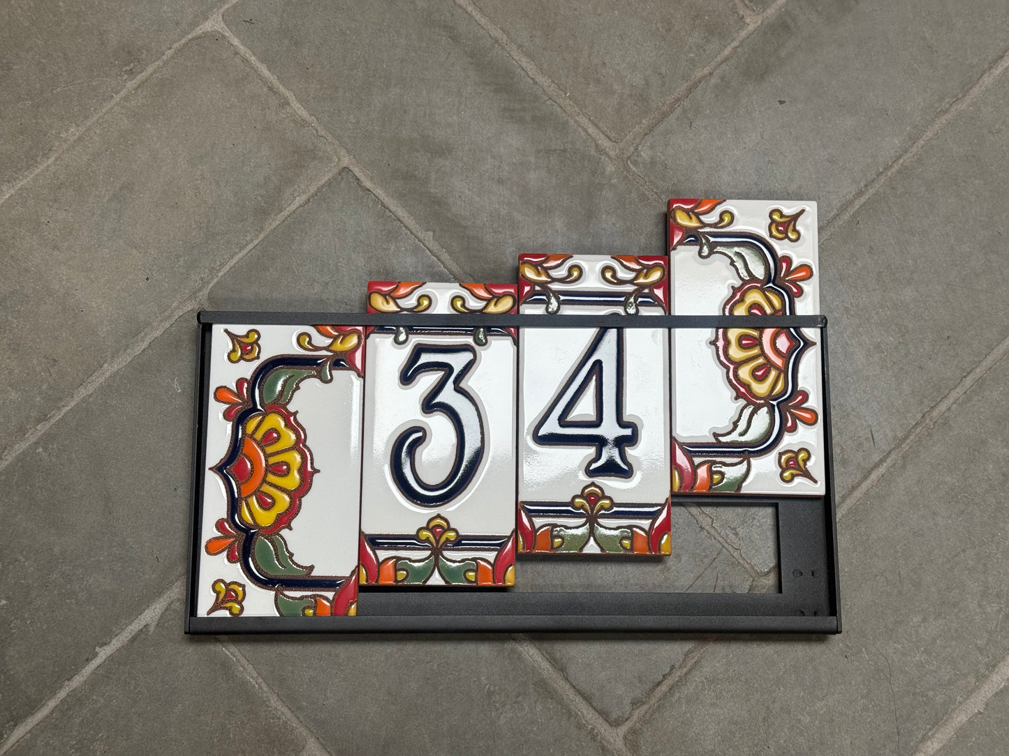 Custom Tile House Numbers with Talavera End Caps, White Background and Blue Numbers
