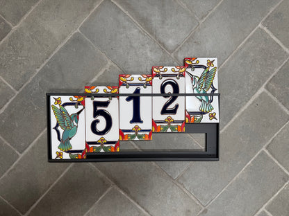Custom Talavera Tile House Numbers with Hummingbird End Caps, White Background and Blue Numbers
