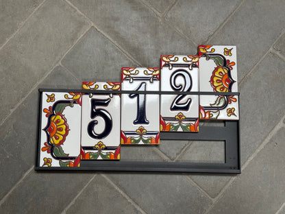 Custom Tile House Numbers with Talavera End Caps, White Background and Blue Numbers