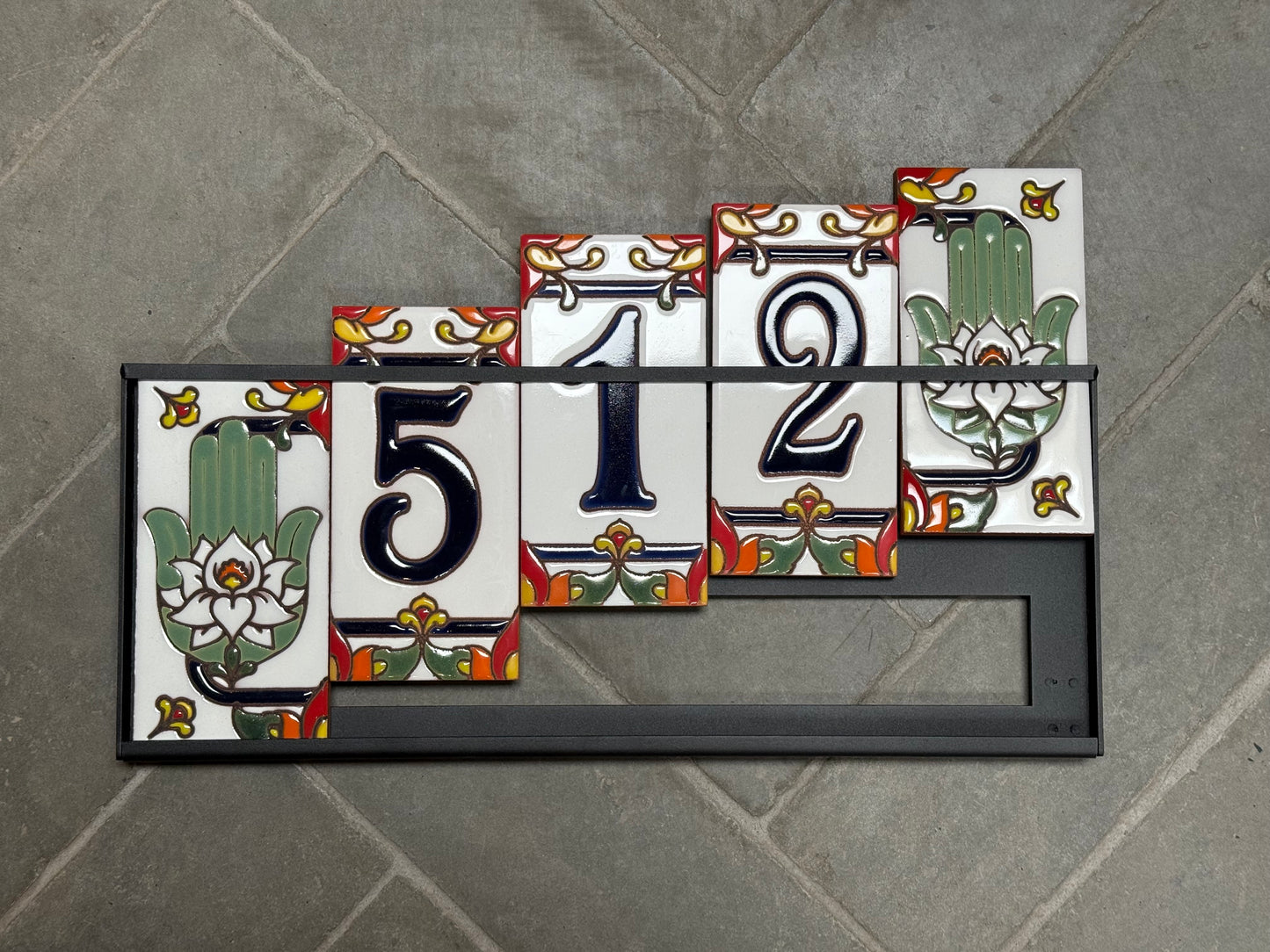 Custom Tile House Numbers with Hamsa Hand End Caps, White Ceramic Background, and Blue Numbers