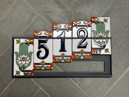 Custom Tile House Numbers with Hamsa Hand End Caps, White Ceramic Background, and Blue Numbers