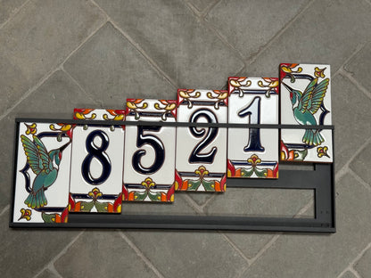 Custom Talavera Tile House Numbers with Hummingbird End Caps, White Background and Blue Numbers