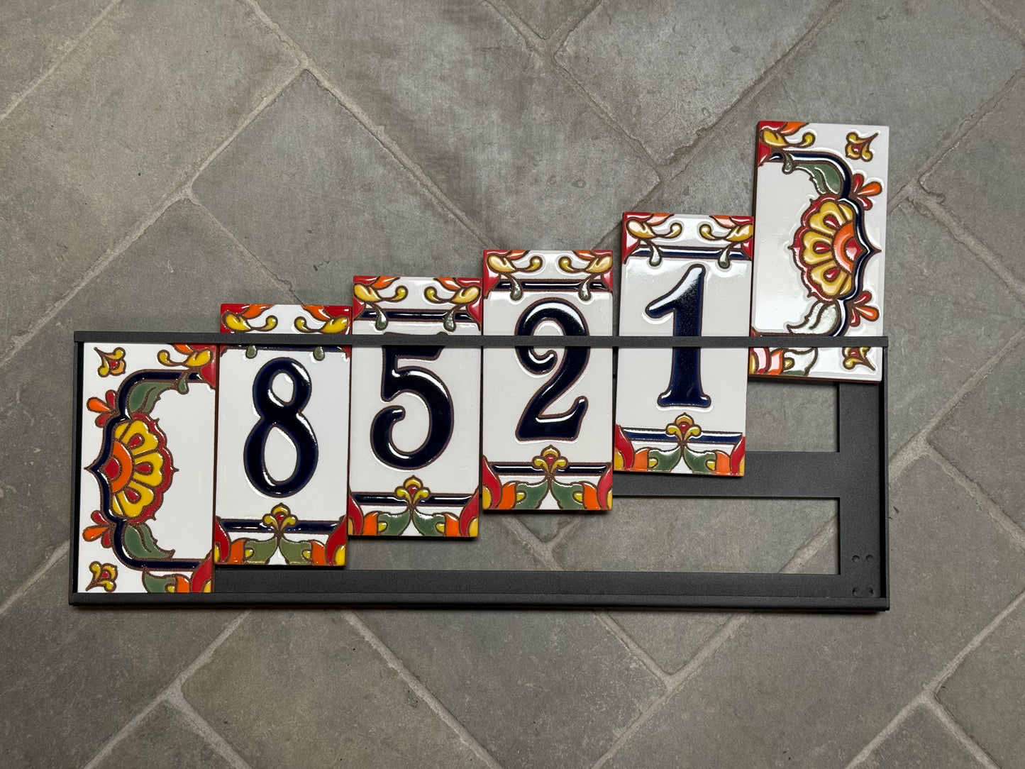 Custom Tile House Numbers with Talavera End Caps, White Background and Blue Numbers