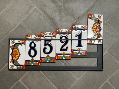 Custom Tile House Numbers with Talavera End Caps, White Background and Blue Numbers
