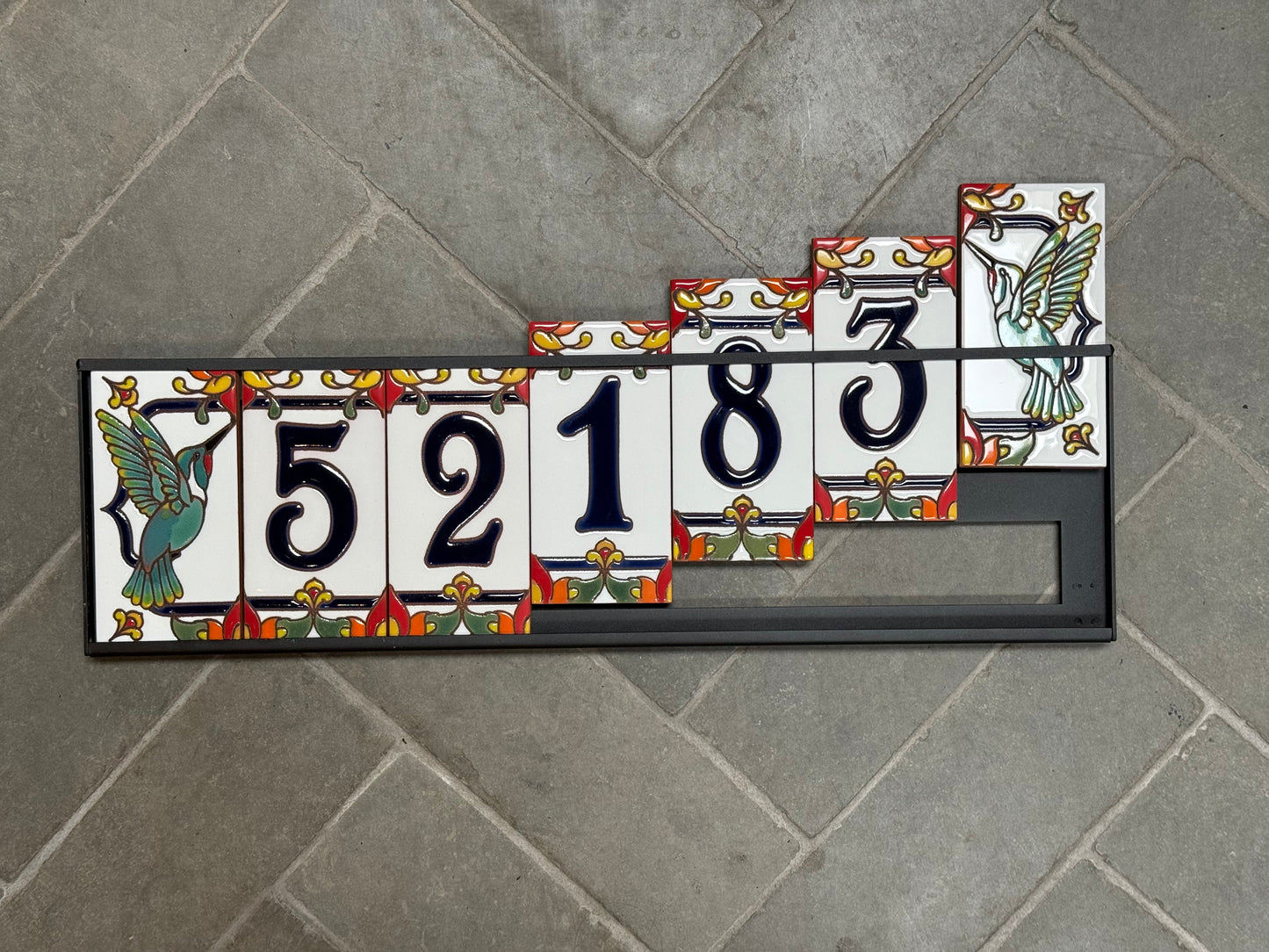 Custom Talavera Tile House Numbers with Hummingbird End Caps, White Background and Blue Numbers