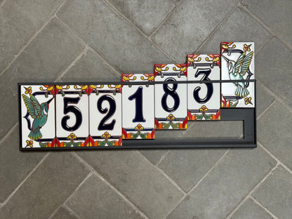 Custom Talavera Tile House Numbers with Hummingbird End Caps, White Background and Blue Numbers