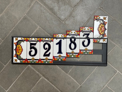 Custom Tile House Numbers with Talavera End Caps, White Background and Blue Numbers