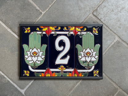 Custom Tile House Numbers with Hamsa Hand End Caps, Blue Background, and White Numbers