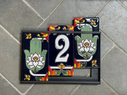 Custom Tile House Numbers with Hamsa Hand End Caps, Blue Background, and White Numbers
