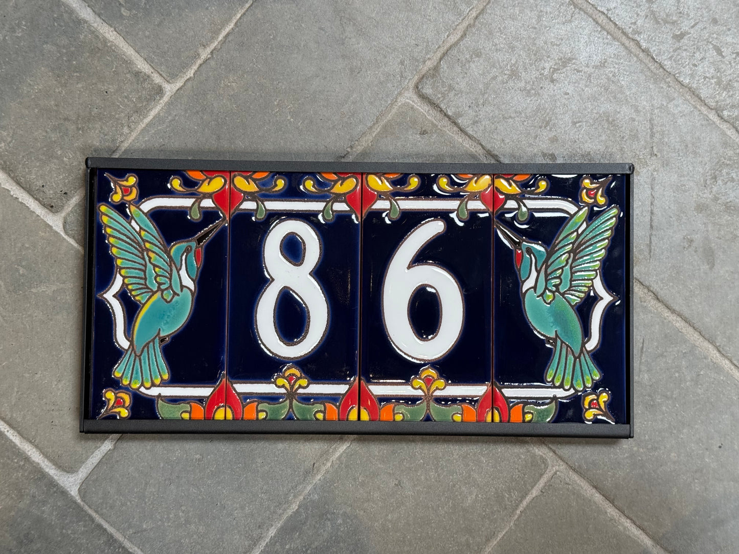 Custom Tile Address Sign with Talavera design, Hummingbird End Caps, Dark Blue Background, and White Numbers