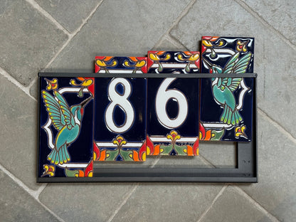 Custom Tile Address Sign with Talavera design, Hummingbird End Caps, Dark Blue Background, and White Numbers