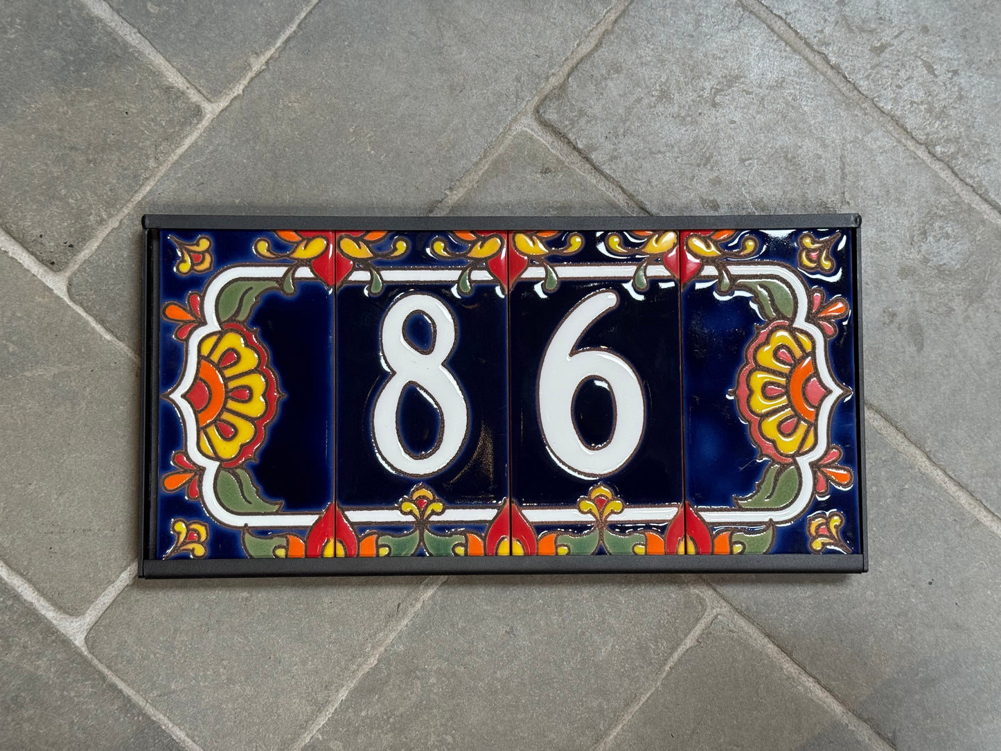 Custom Tile House Numbers with Talavera End Caps, Dark Blue Background, and White Numbers