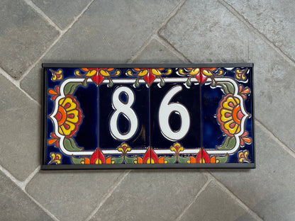 Custom Tile House Numbers with Talavera End Caps, Dark Blue Background, and White Numbers