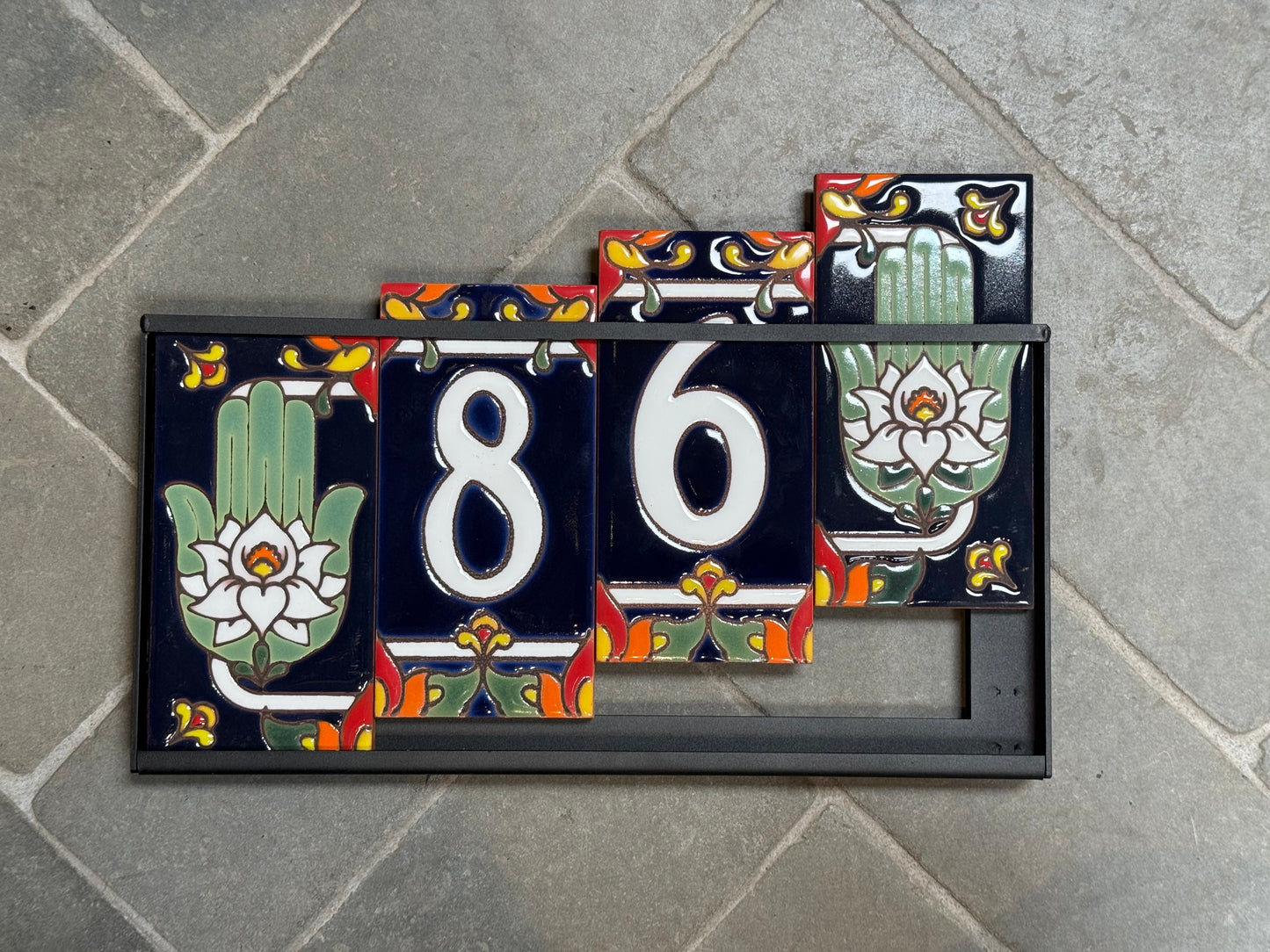 Custom Tile House Numbers with Hamsa Hand End Caps, Blue Background, and White Numbers