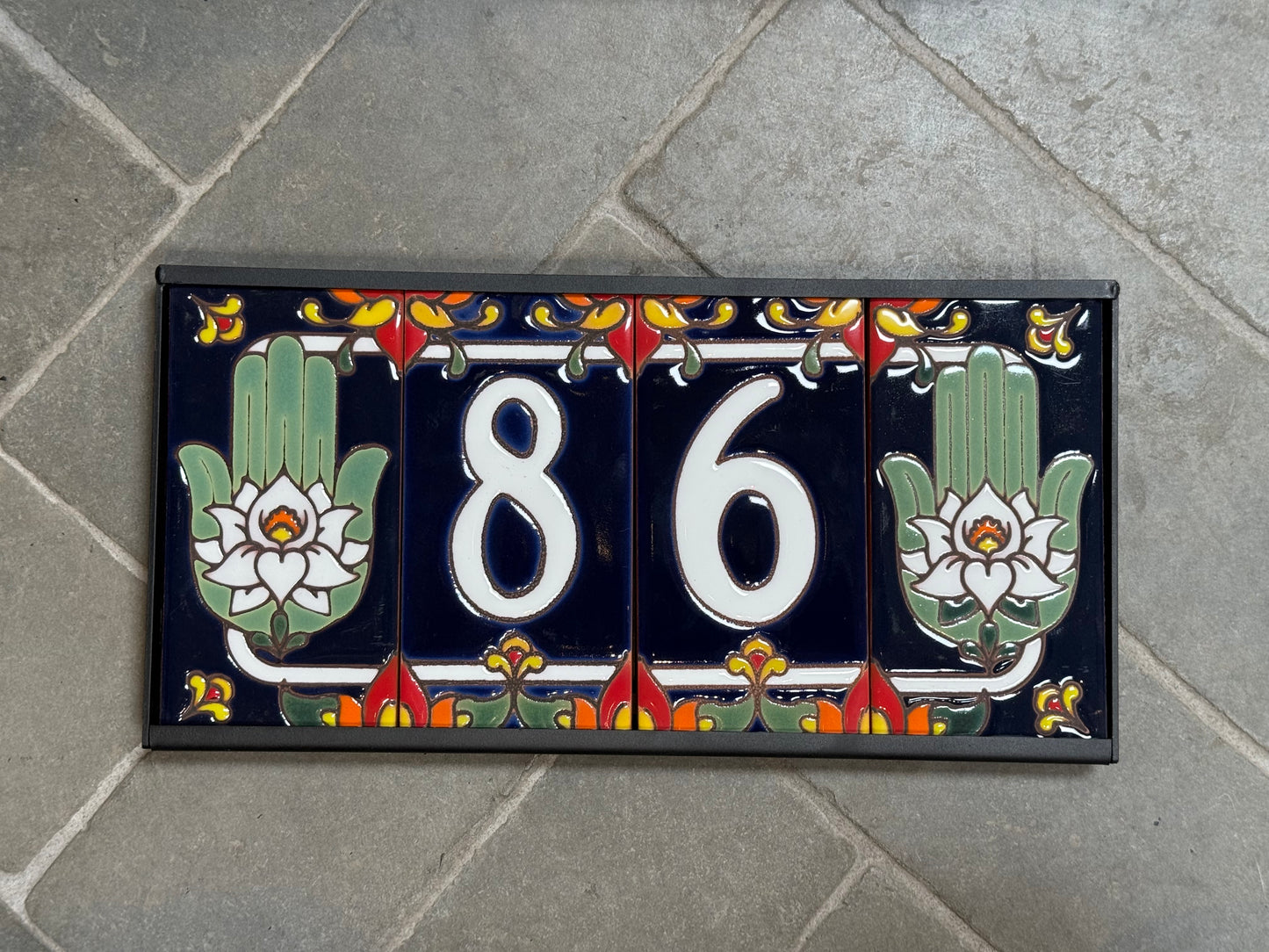 Custom Tile House Numbers with Hamsa Hand End Caps, Blue Background, and White Numbers