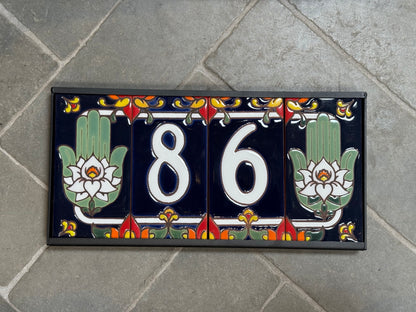 Custom Tile House Numbers with Hamsa Hand End Caps, Blue Background, and White Numbers
