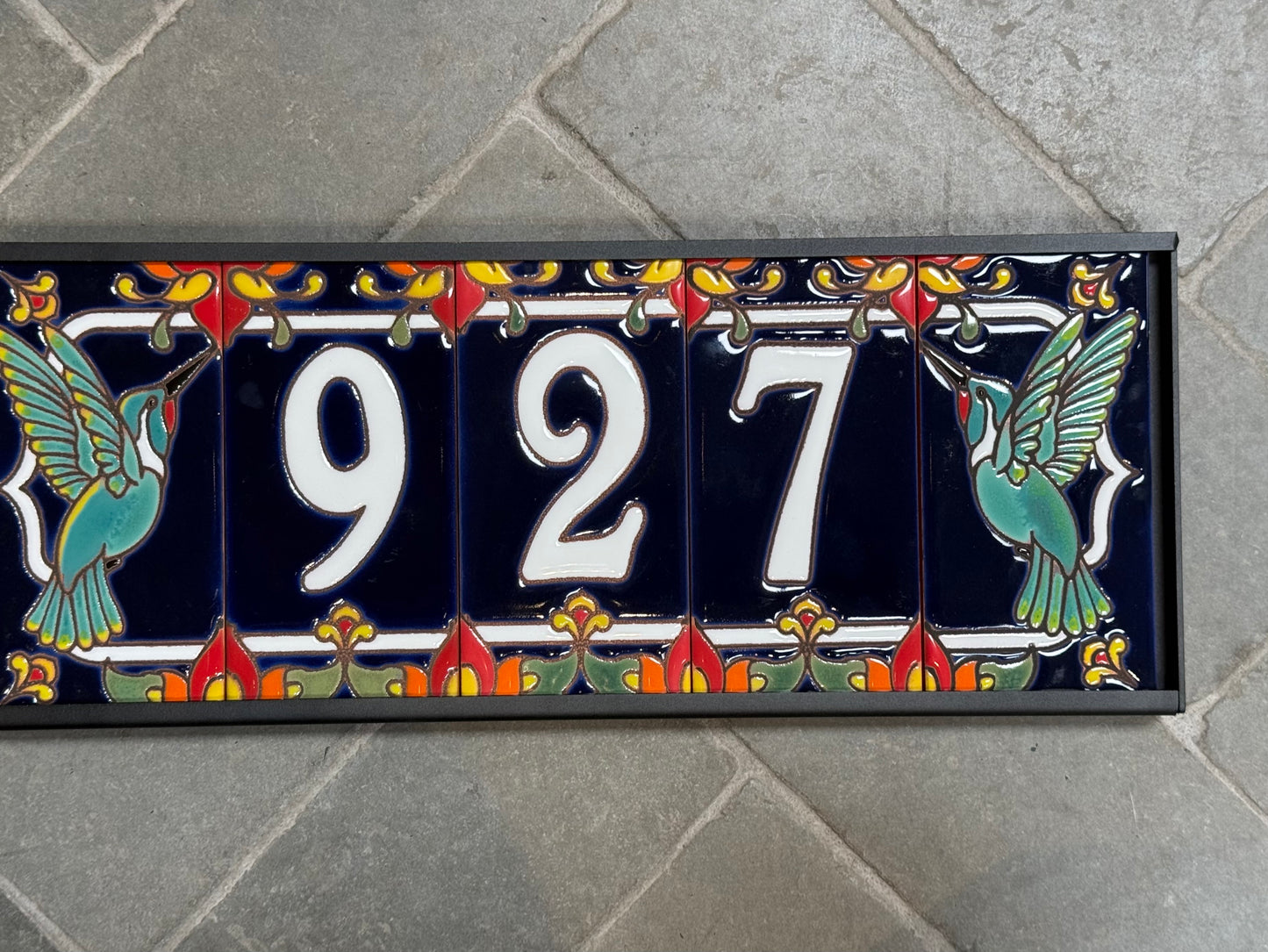 Custom Tile Address Sign with Talavera design, Hummingbird End Caps, Dark Blue Background, and White Numbers