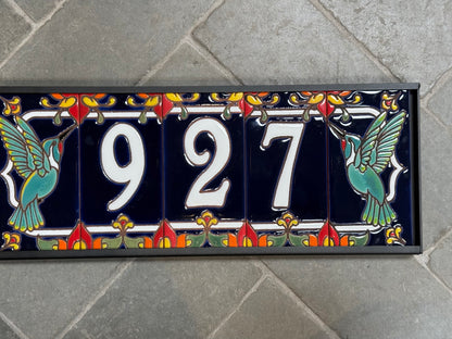 Custom Tile Address Sign with Talavera design, Hummingbird End Caps, Dark Blue Background, and White Numbers
